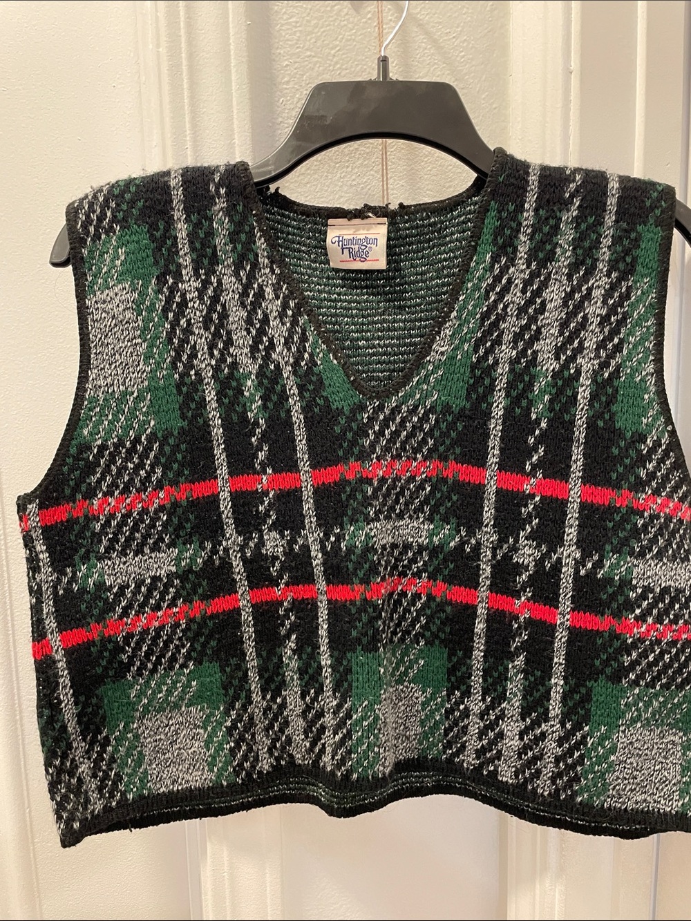 Huntington Ridge V-Neck Plaid Sweater Vest in Black, Green & Red